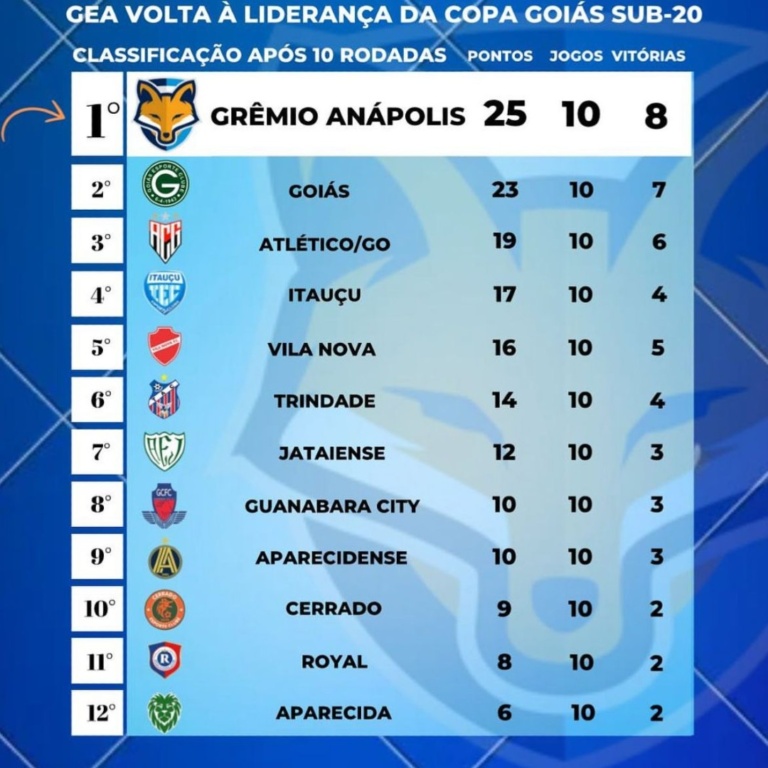 Grêmio Anápolis lidera a Copa Goiás sub-20 com 25 pontos; veja a tabela de classificação