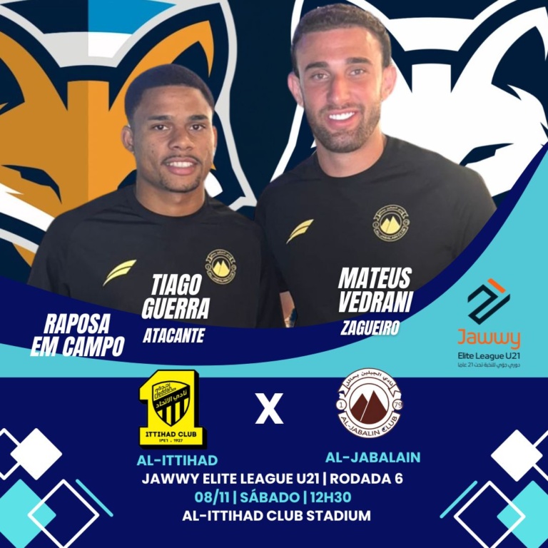 Tiago Guerra e Mateus Vedrani atuam pelo sub-21 do Al-Jabalain contra o Al-Ittihad neste sábado (8)